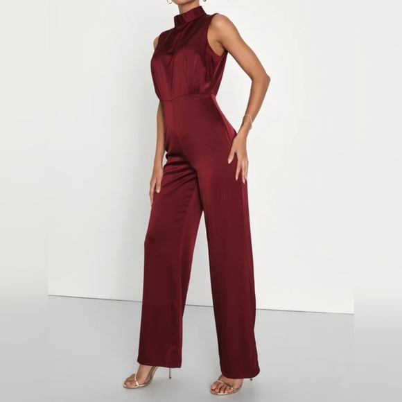 Lulus Classic Elegance Wine Red Satin Sleeveless Mock Neck Jumpsuit, Size Small - Picture 5 of 11